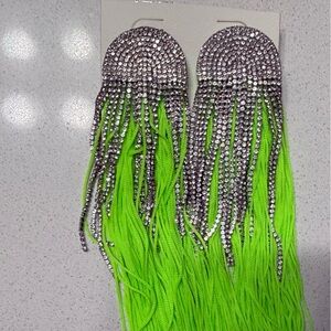 Rhinestone Fringe Statement Earrings in Neon Green